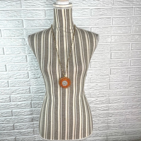 Long Rhinestone and Resin Medallion Pendant Statement Necklace Orange Grey - Picture 2 of 4